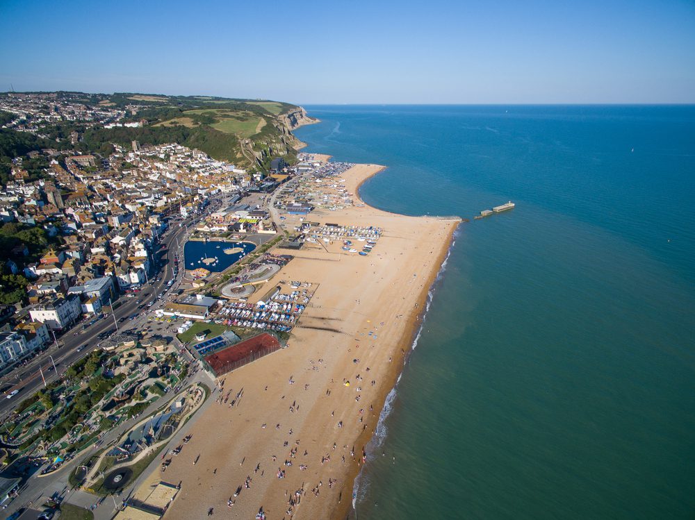 Aerial shot of the Beach at Hastings England
