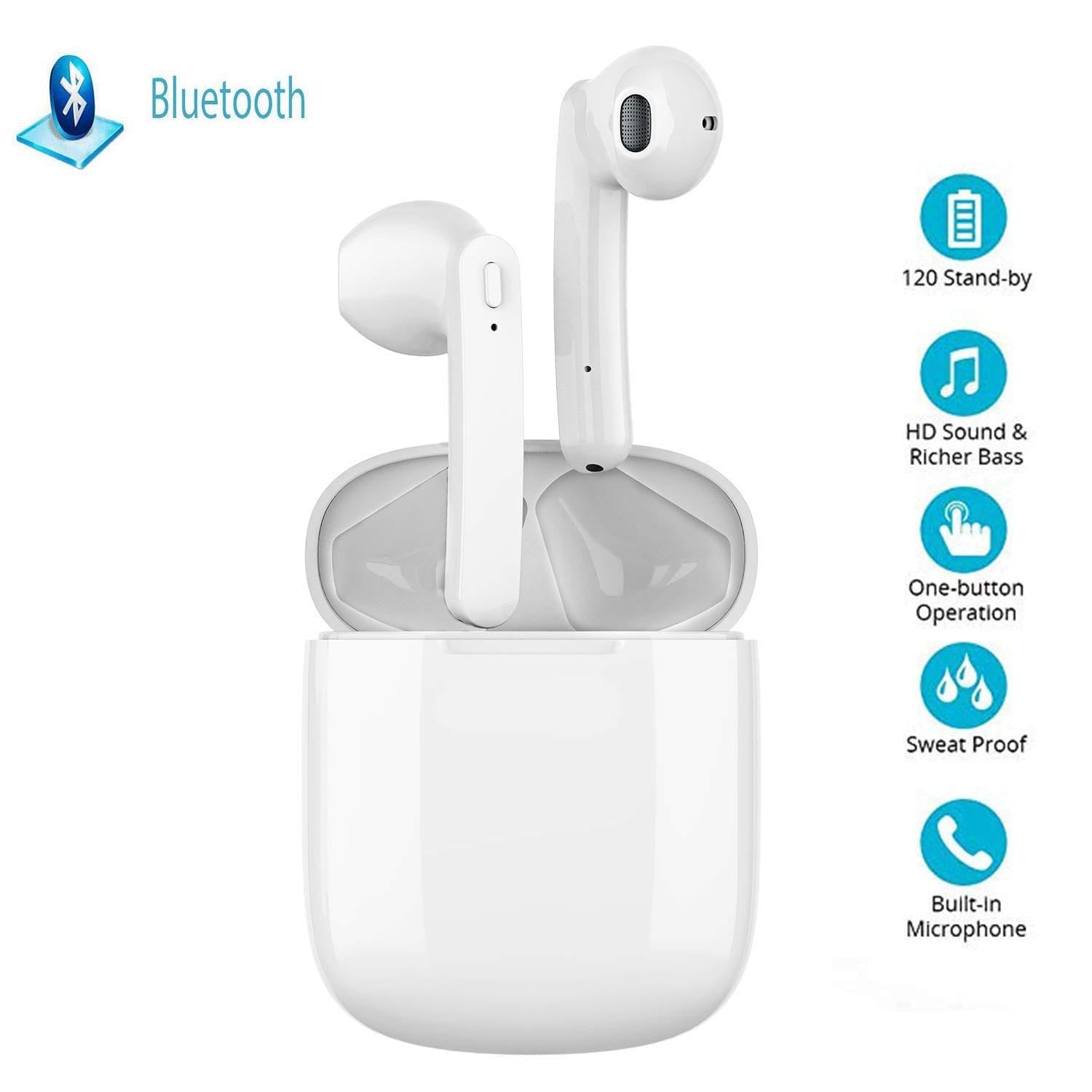 Bluetooth Ear Phones with Noise Cancellation Touch Wireless Stereo with built in sensitivity microphone, Wireless Sports Earbuds Headphones with Charging Case (White) 2