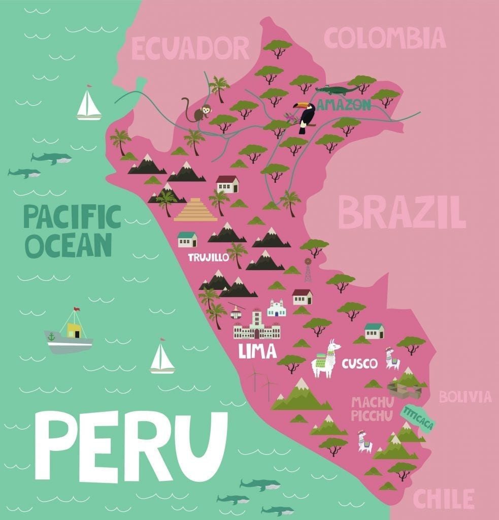 Illustration map of Peru with city, landmarks and nature