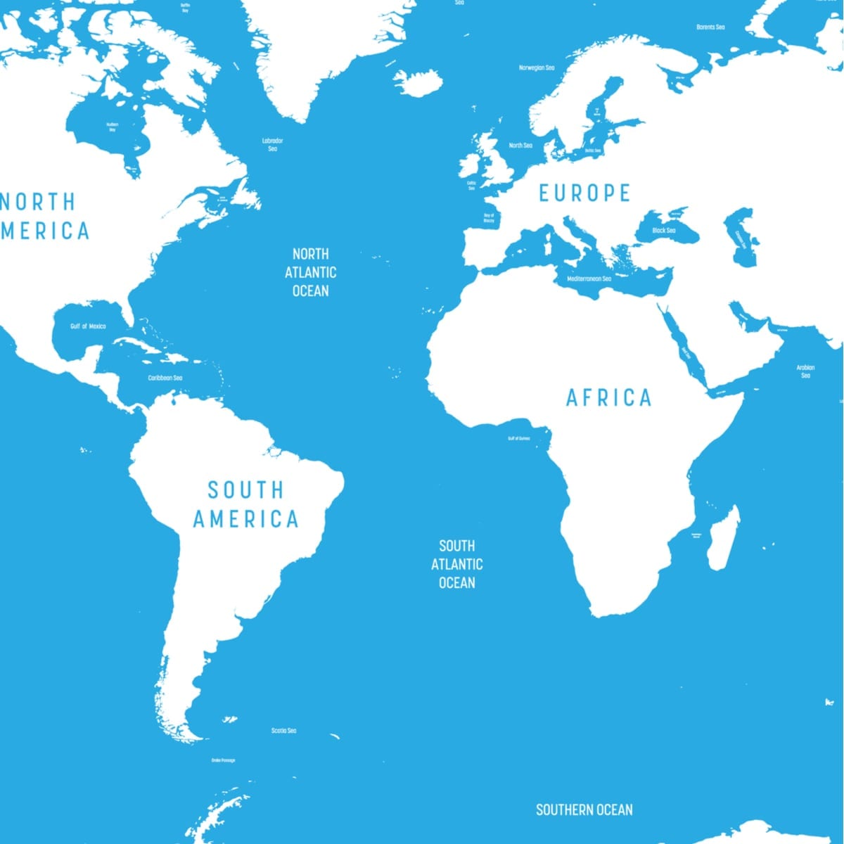 Atlantic Ocean Map. Vector map with white lands and blue water