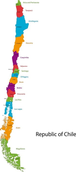 Map of Chile with the regions colored in bright colors and the main cities