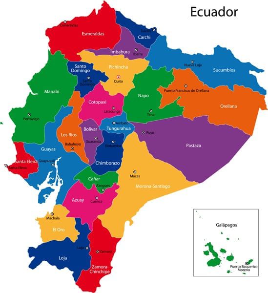 Map of Ecuador with the regions colored in bright colours and the main cities.