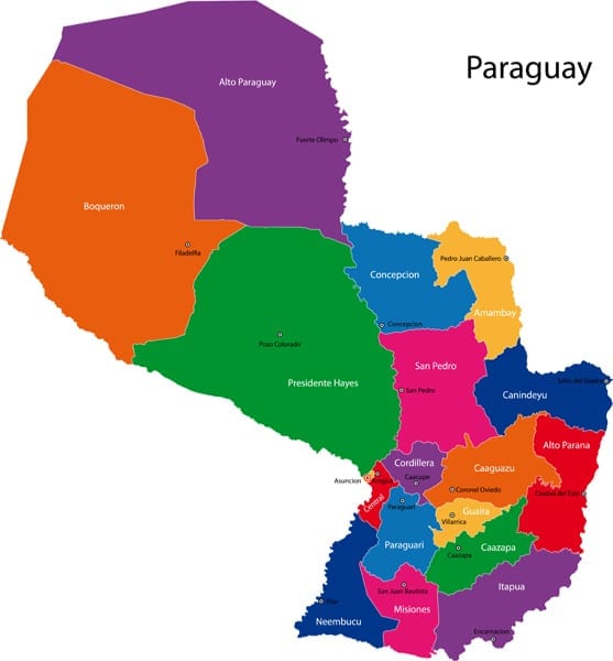 Map of Paraguay with the departments colored in bright colors and the main cities