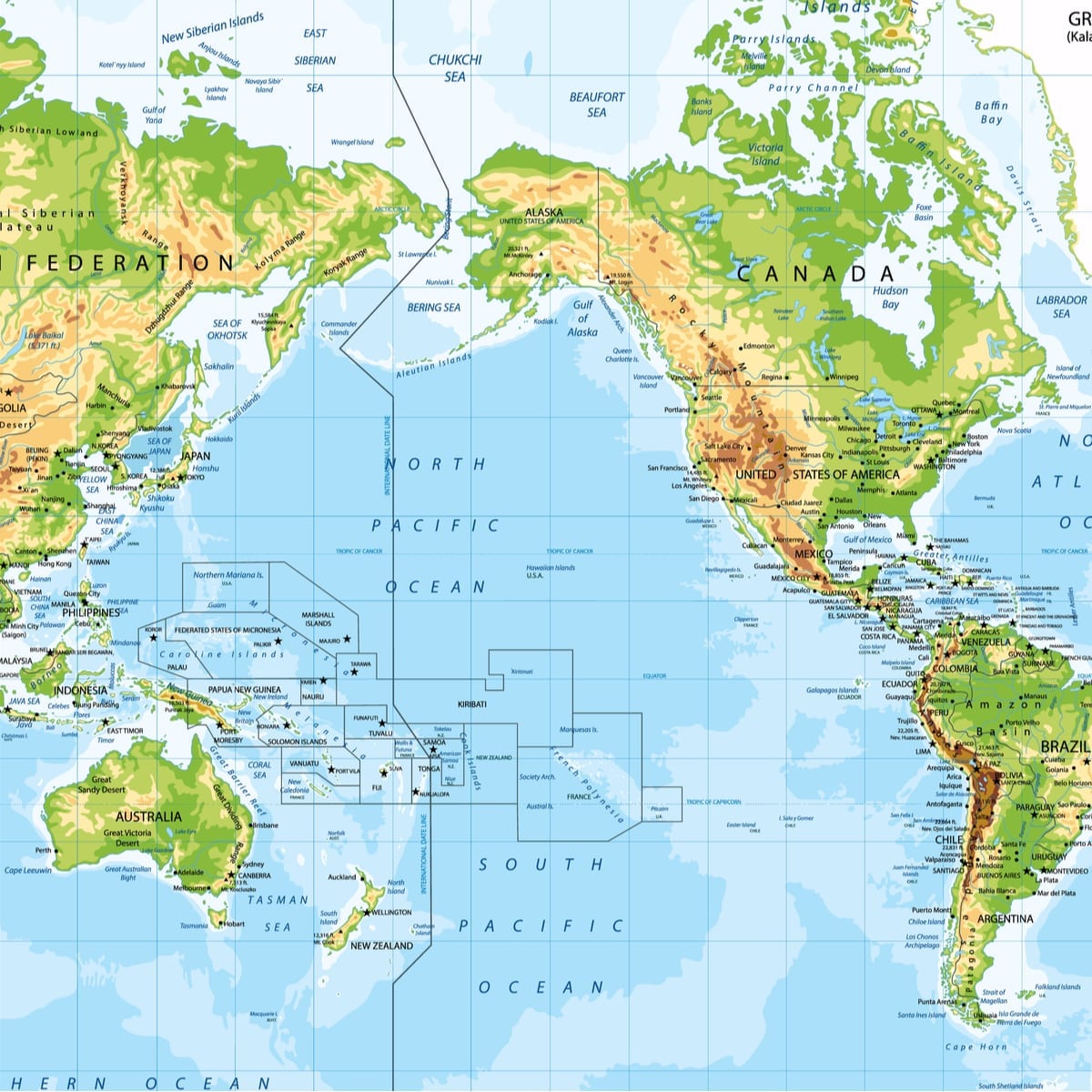 Physical Pacific Ocean Map 