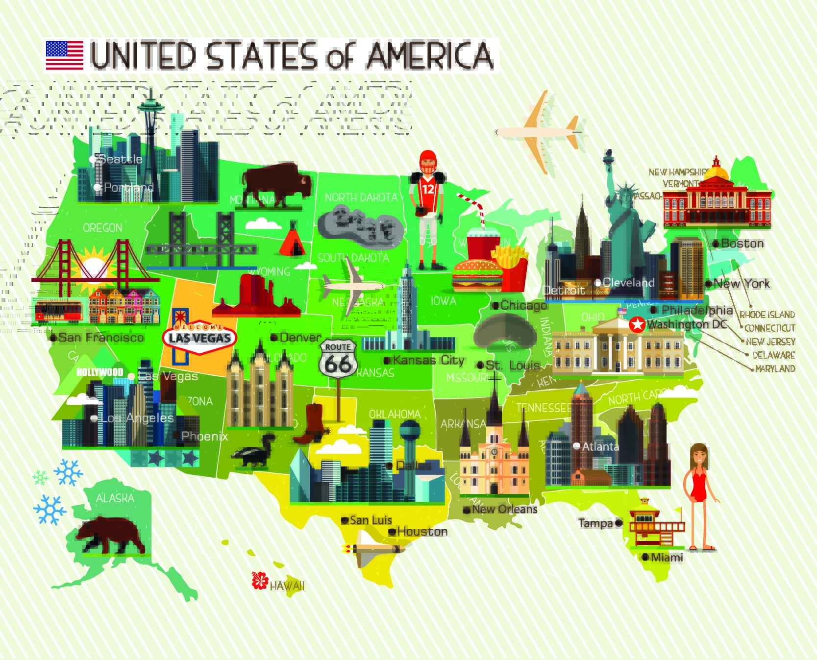 Map of the United States of America and Travel Icons. USA Travel Map