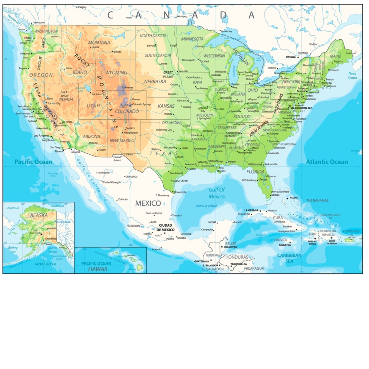 Physical Map of United States of America with roads, railroads, water objects, cities and capitals