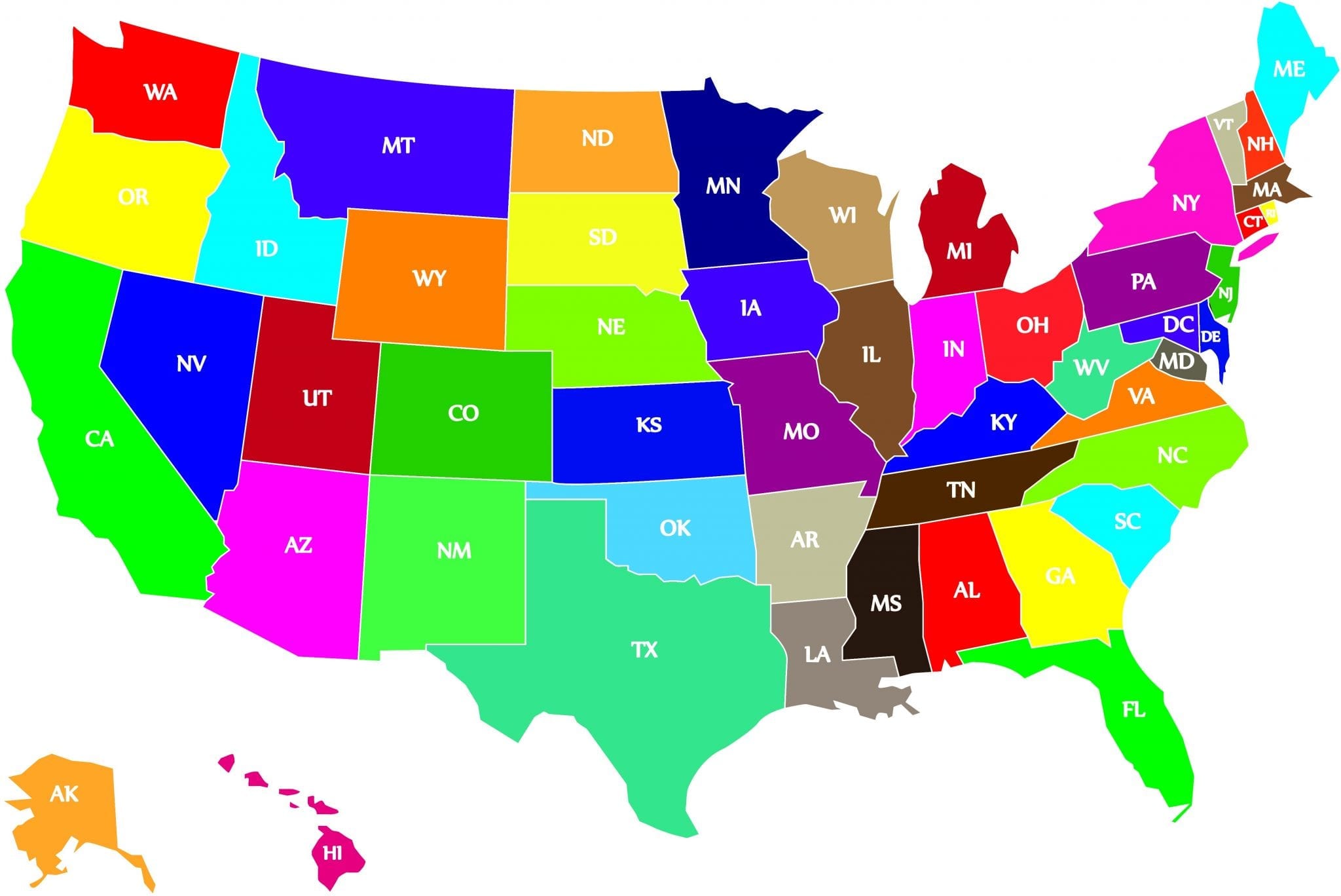 Vector USA colors map with borders of states and shorts name of each states.