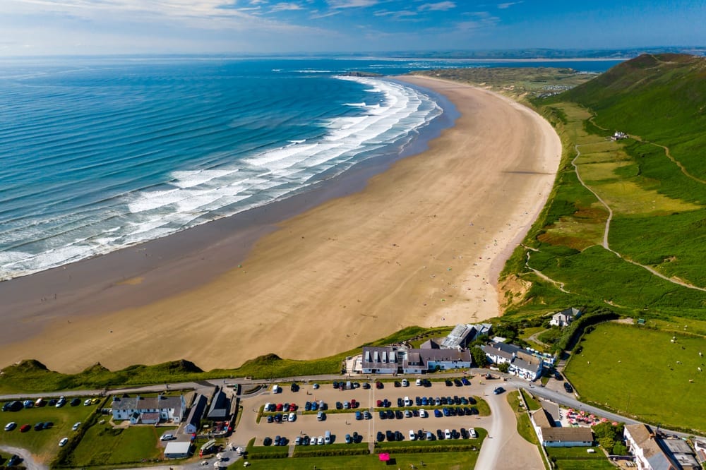 Aerial drone view of the beautiful sandy Rhossili bay beach