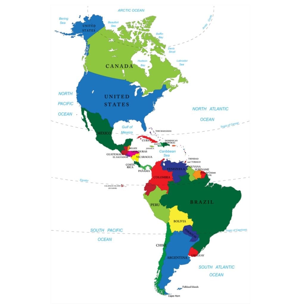 Map of North America and South America