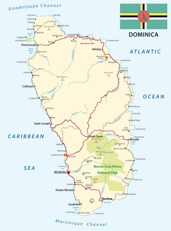 Road map of Dominica with Flag