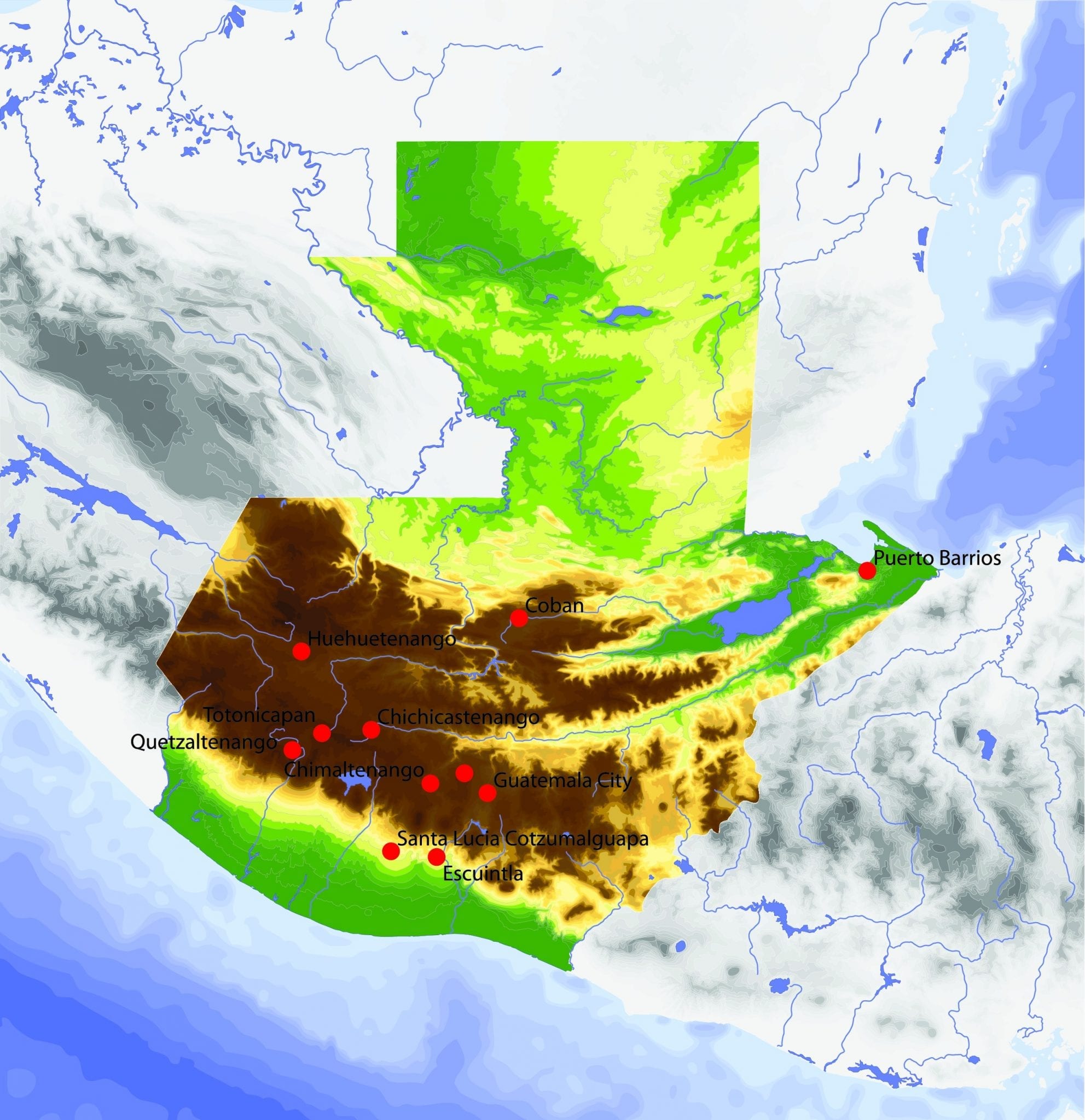 Guatemala. Physical vector map, colored according to elevation, with rivers and selected cities. Surrounding territory greyed out.