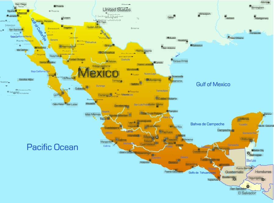 Map of Guatemala and Mexico