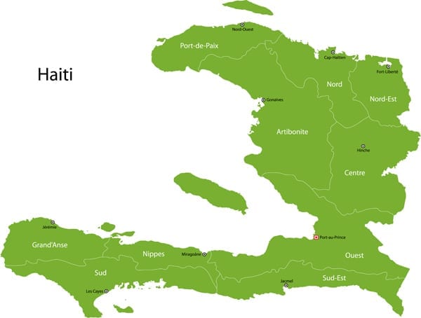 Map of Haiti with departments and capital cities