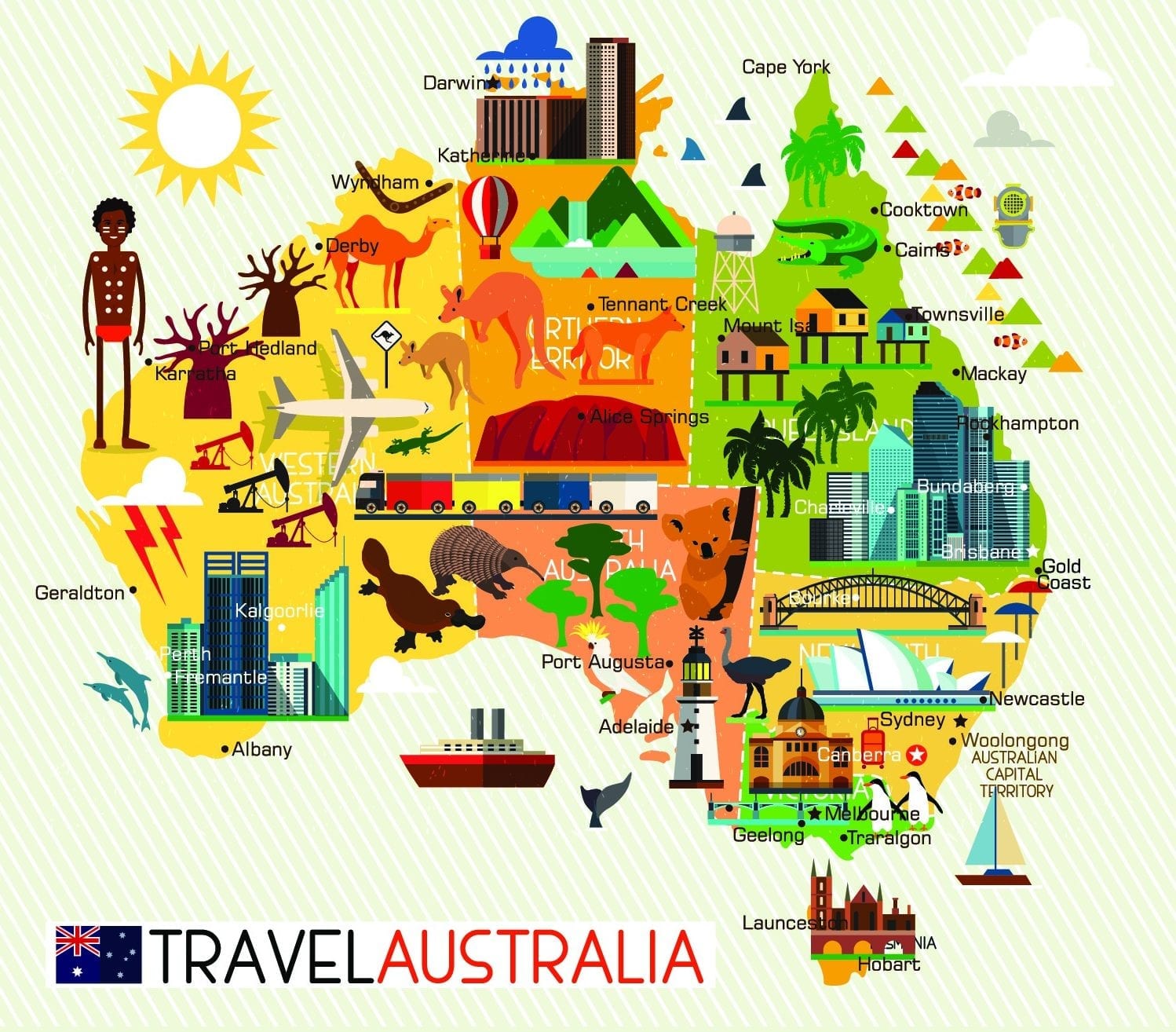 Map of the Australia and Travel Icons. Australia Travel Map