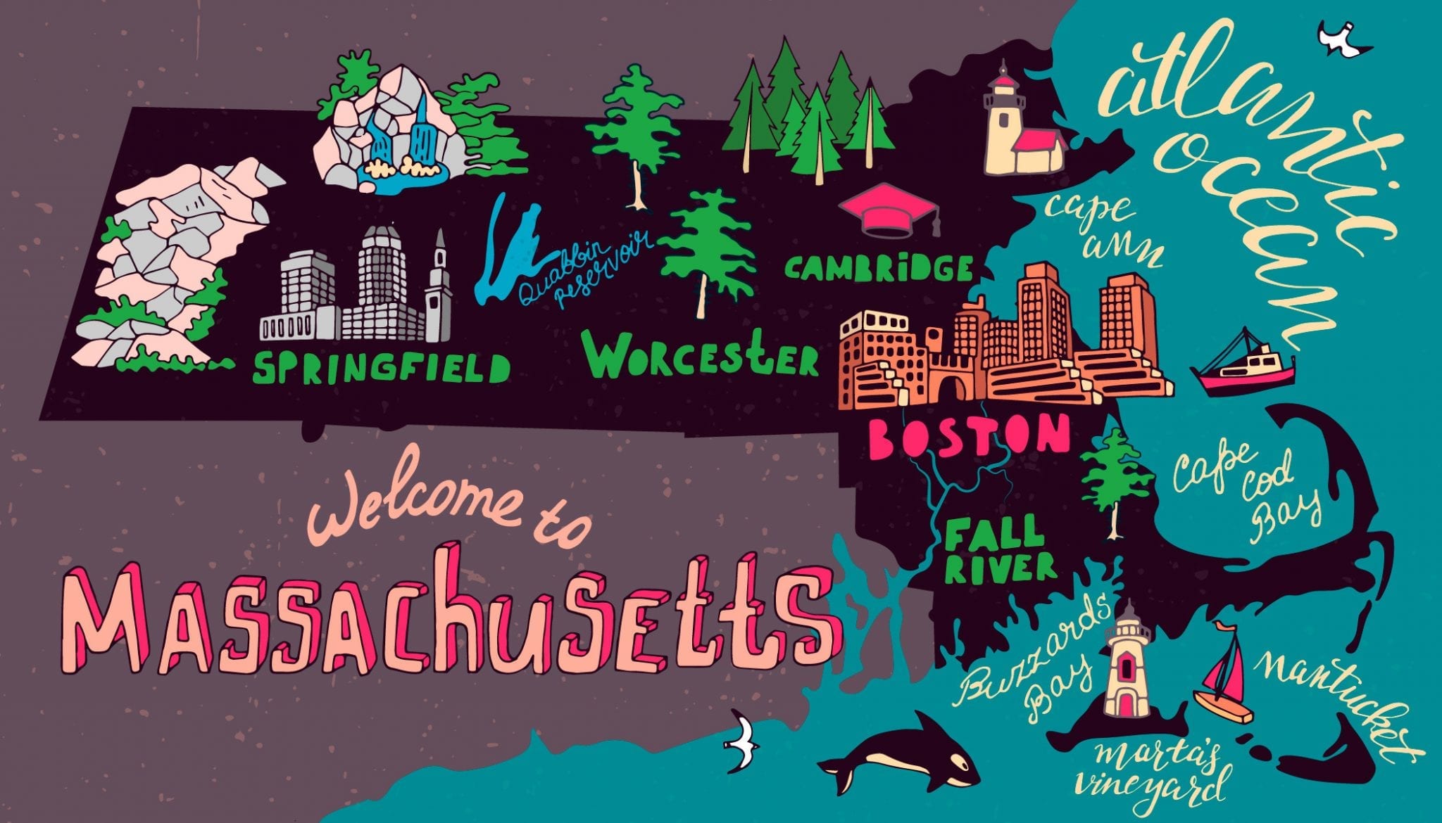 Illustrated map of Massachusetts state, USA. Travel and attractions