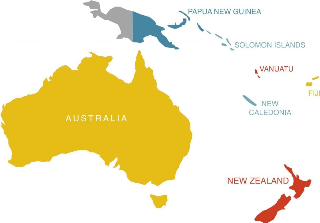 Map of New Caledonia and Australia