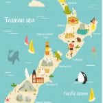 New Zealand illustrated map with famous landmarks, animals, symbols.