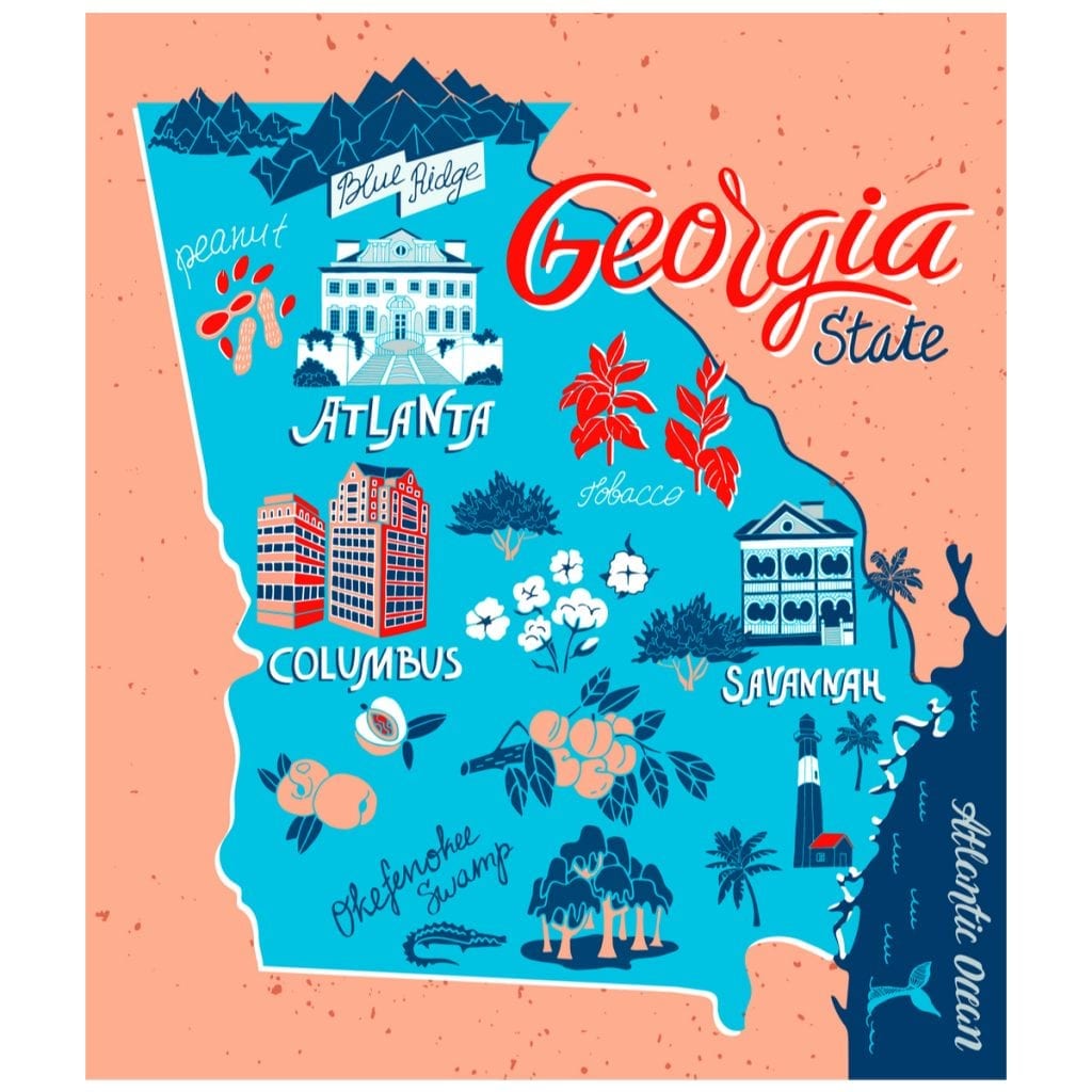 Map Of Georgia State And Flag Georgia Outline Road Cities And   Illustrated Map Of Georgia USA. Travel And Attractions 1024x1024 