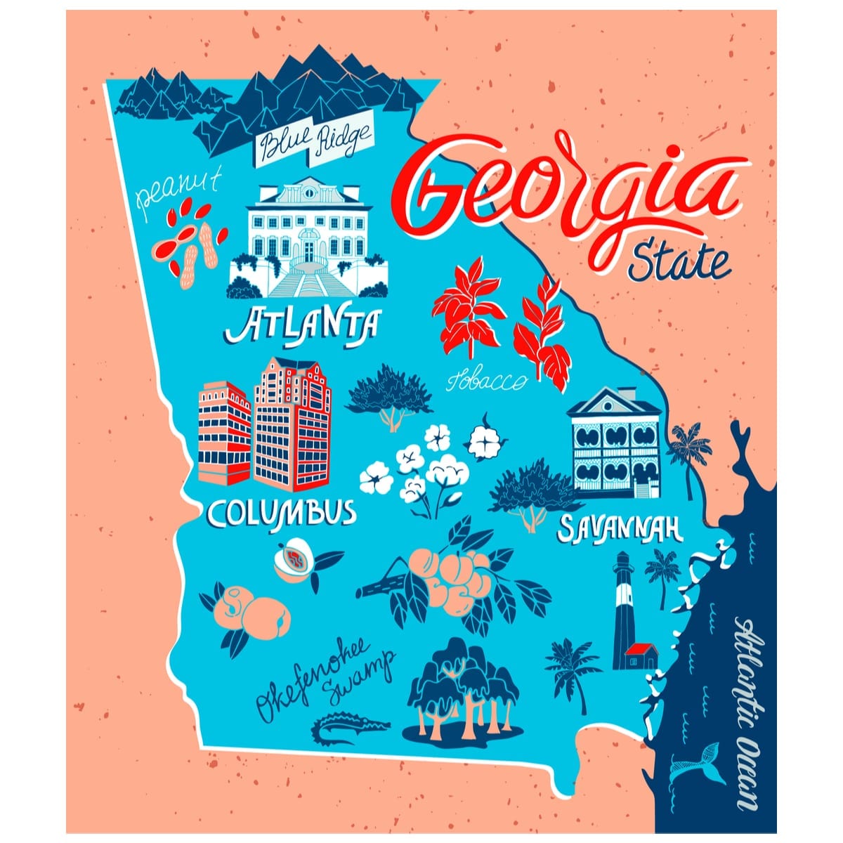 Illustrated map of Georgia, USA. Travel and attractions