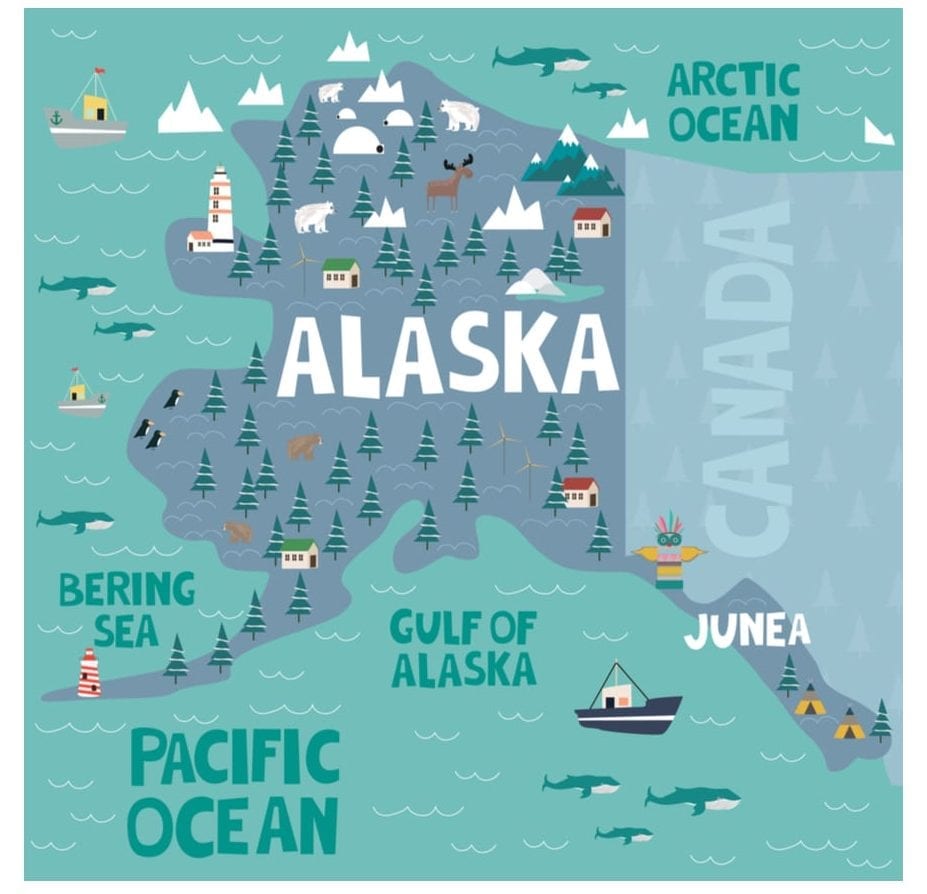 Illustrated map of the state of Alaska in United States
