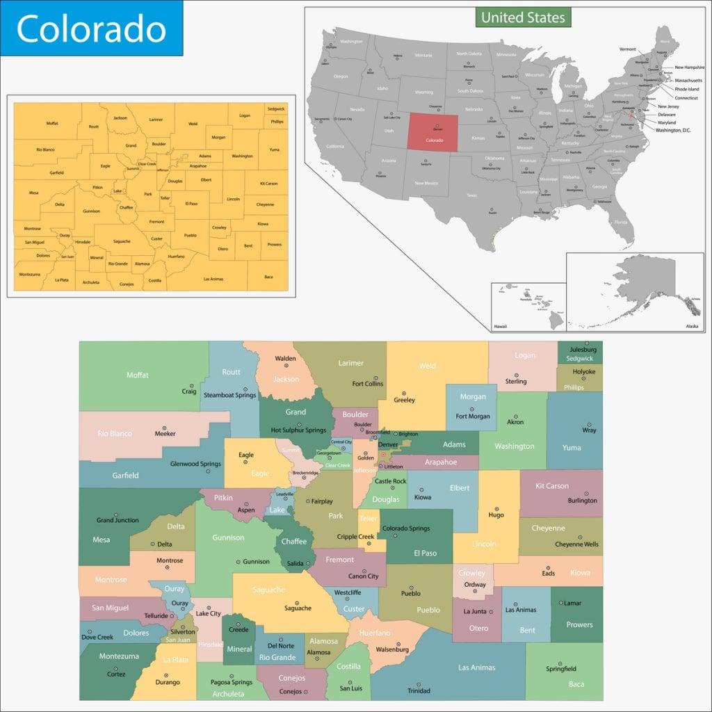 Map of Colorado and Flag | Colorado Outline, Counties, Cities and Road