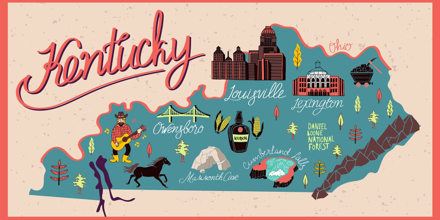 Illustrated map of Kentucky state, USA. Travel and attractions.