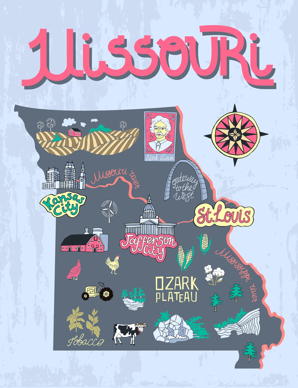 Illustrated map of Missouri, USA. Travel and attractions