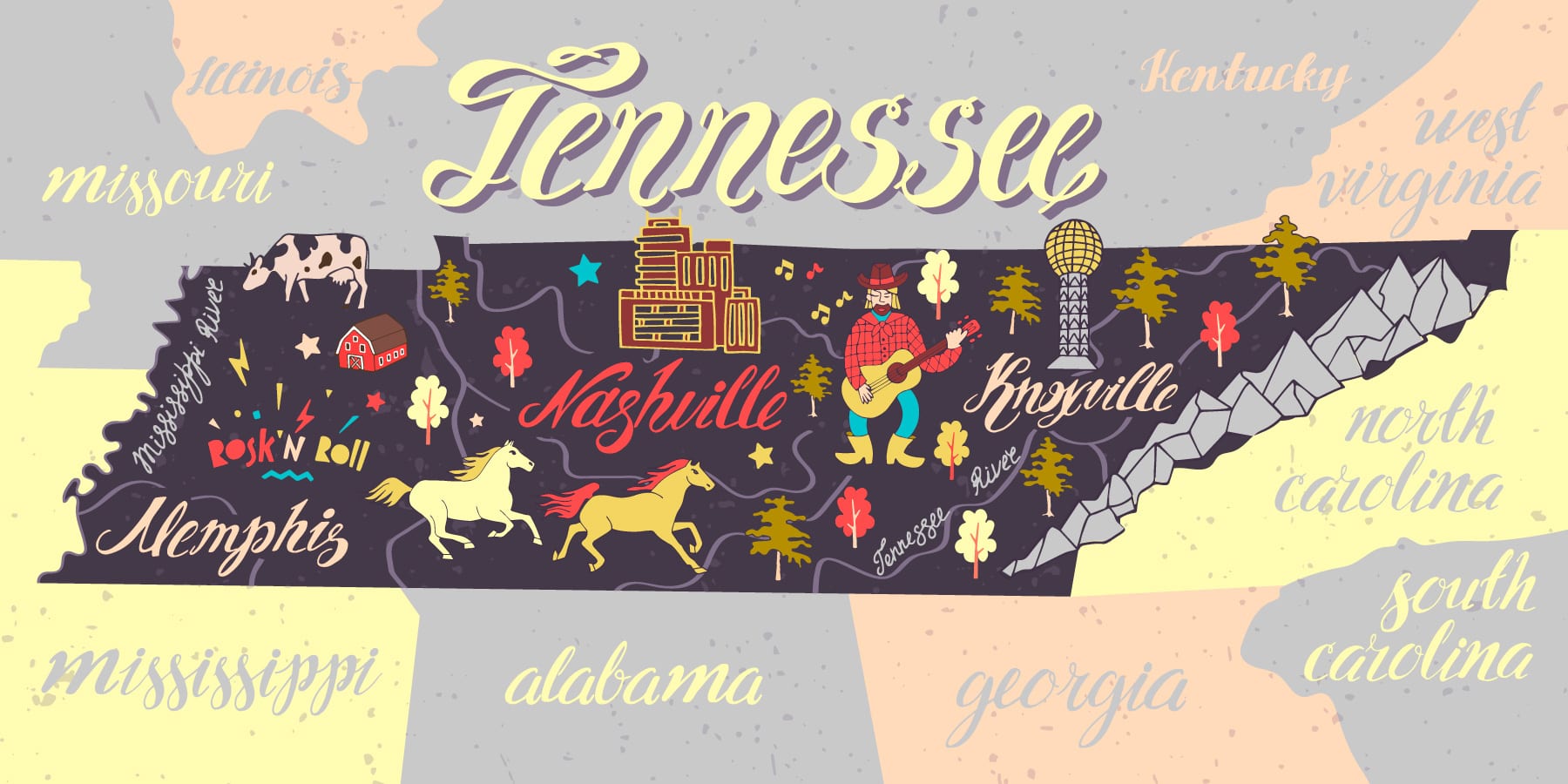 Illustrated map of Tennessee, USA. Travel and attractions