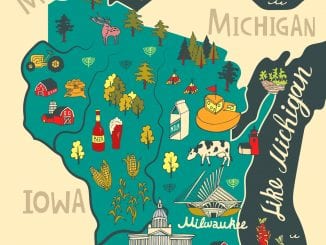 Illustrated map of Wisconsin, USA. Travel and attractions