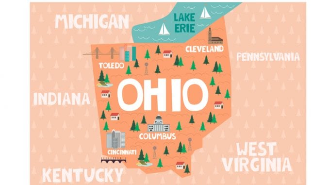 Illustrated map of the state of Ohio with cities and landmarks