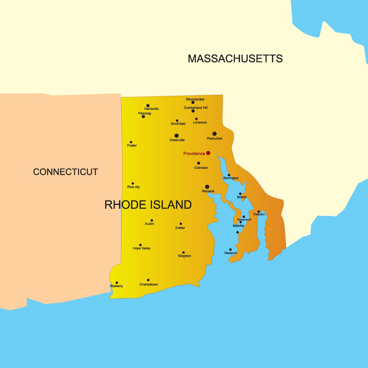 Map of Rhode Island and Flag Rhode Island Outline, Counties, Cities