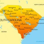Map of South Carolina with cities