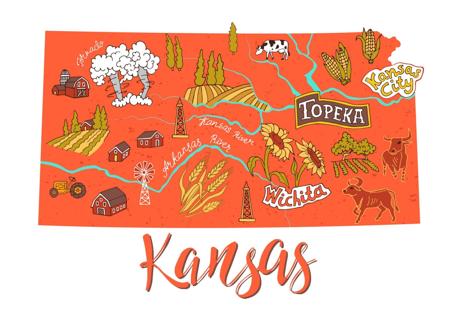 Map of Kansas State and Flag | Outline, Counties, Cities and Road Map ...