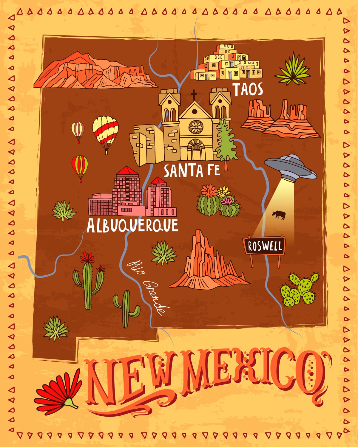 illustrated tourist map of New Mexico, USA. Travel and attractions