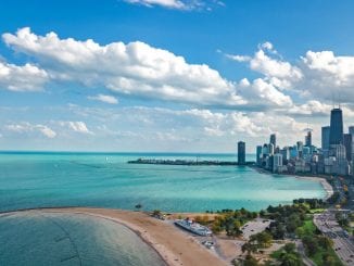 Chicago skyline aerial drone view from above, lake Michigan