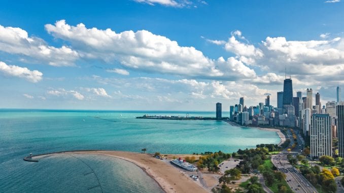 Chicago skyline aerial drone view from above, lake Michigan