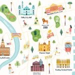 Detailed illustrated map of Philadelphia city with landmarks, famous destinations, elements.