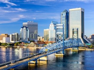 Jacksonville, Florida, USA downtown city skyline on St. Johns River.