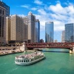 The Chicago River and downtown Chicago skyline USA