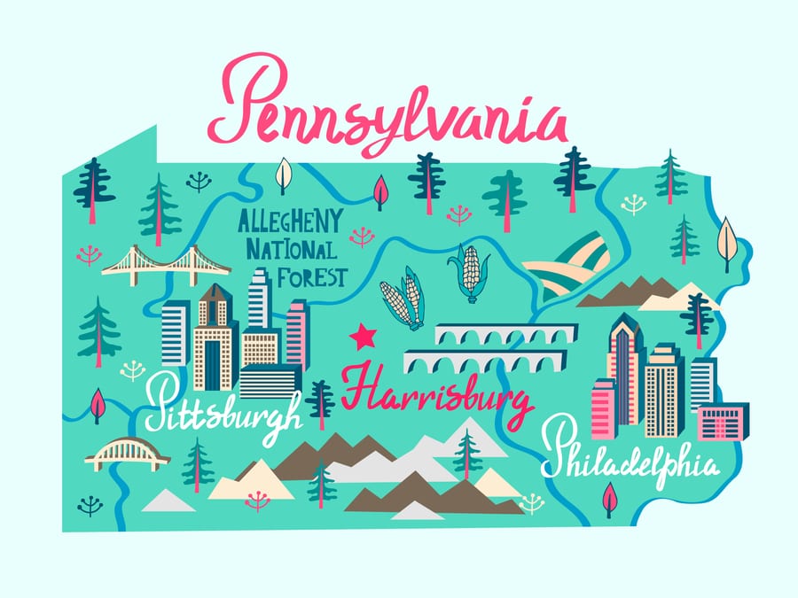 Tourist map of Pennsylvania with travel and attractions
