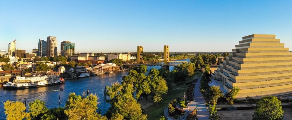 Panoramic Aerial View of Sacramento Downtown, river and tower bridge.