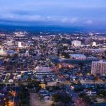 Twilight aerial view of the urban core of downtown Santa Ana