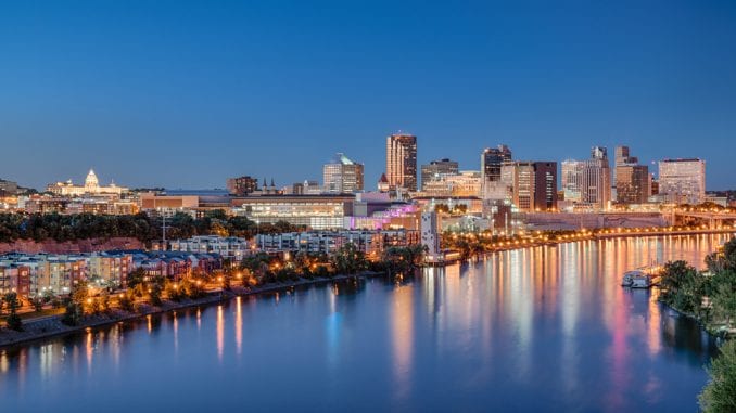 St. Paul, Minnesota night skyline along the Mississippi River