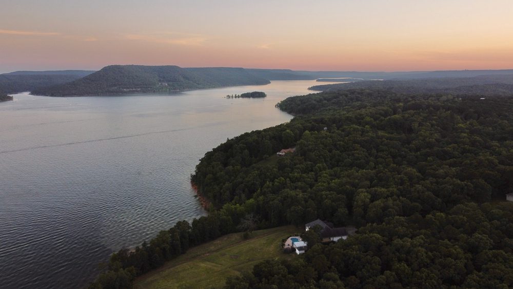Sunset over Greers Ferry Lake Arkansas USA from a drone