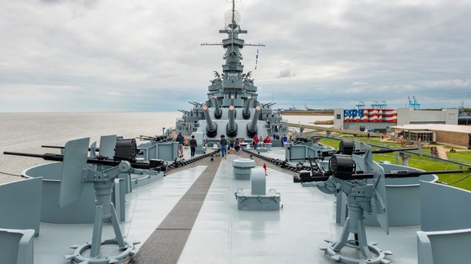 The USS Alabama Battleship at the Memorial Park in Mobile, Alabama, USA. The park has a collection of notable military aircraft and museum ships. Editorial credit Allard One Shutterstock.com
