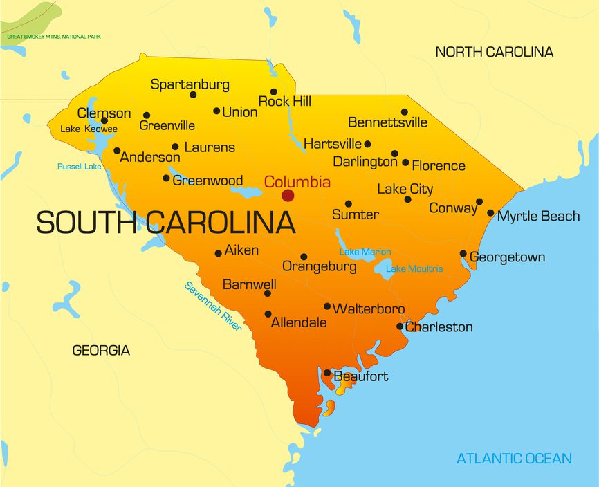 Vector color map of South Carolina state. Usa