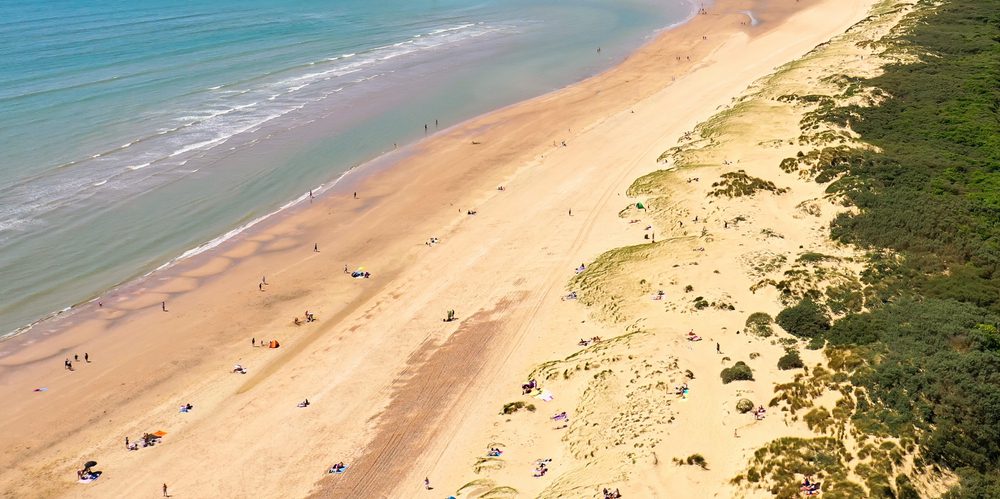 beautiful golden sandy beach aerial view, camber sands in England