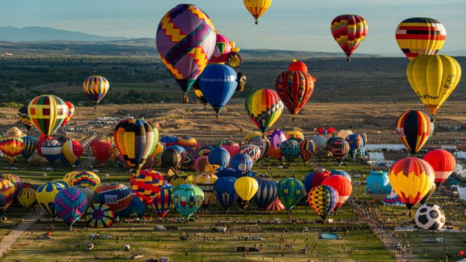 Aerial view of the hot air balloon mass ascension at the Albuquerque International Balloon Fiesta