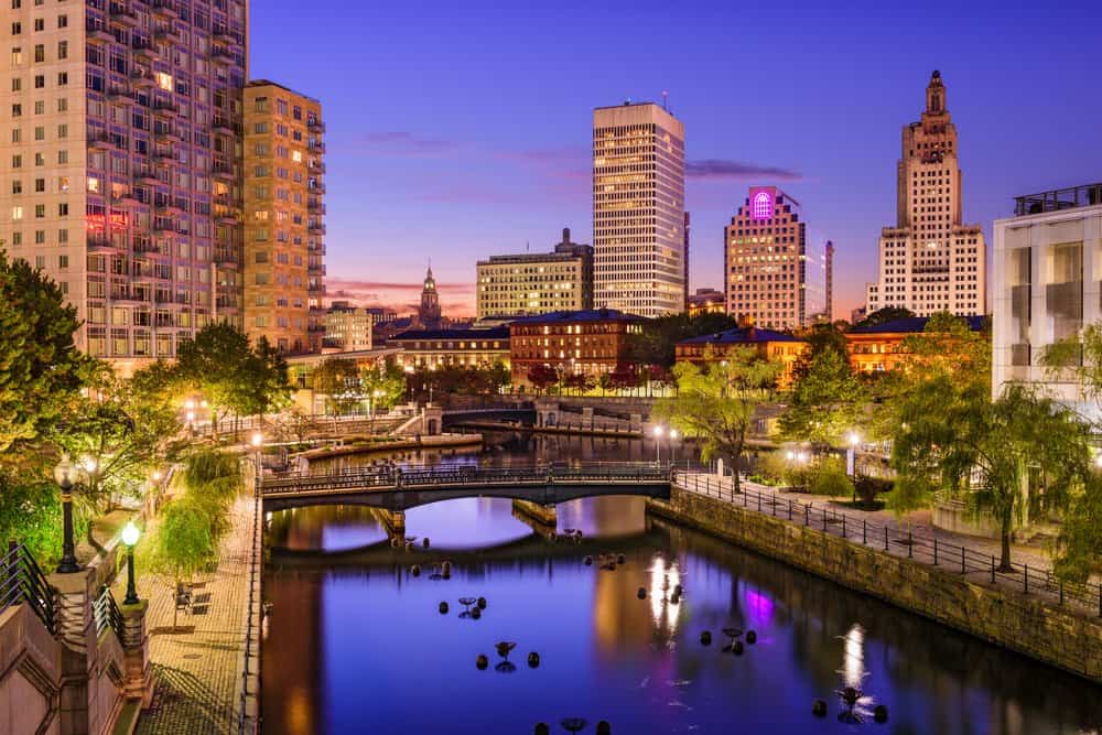 Providence, Rhode Island, USA park and skyline.