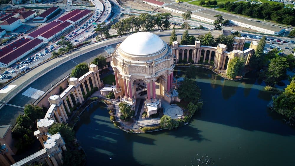  An aerial drone view of the Palace of Fine Arts Theatre